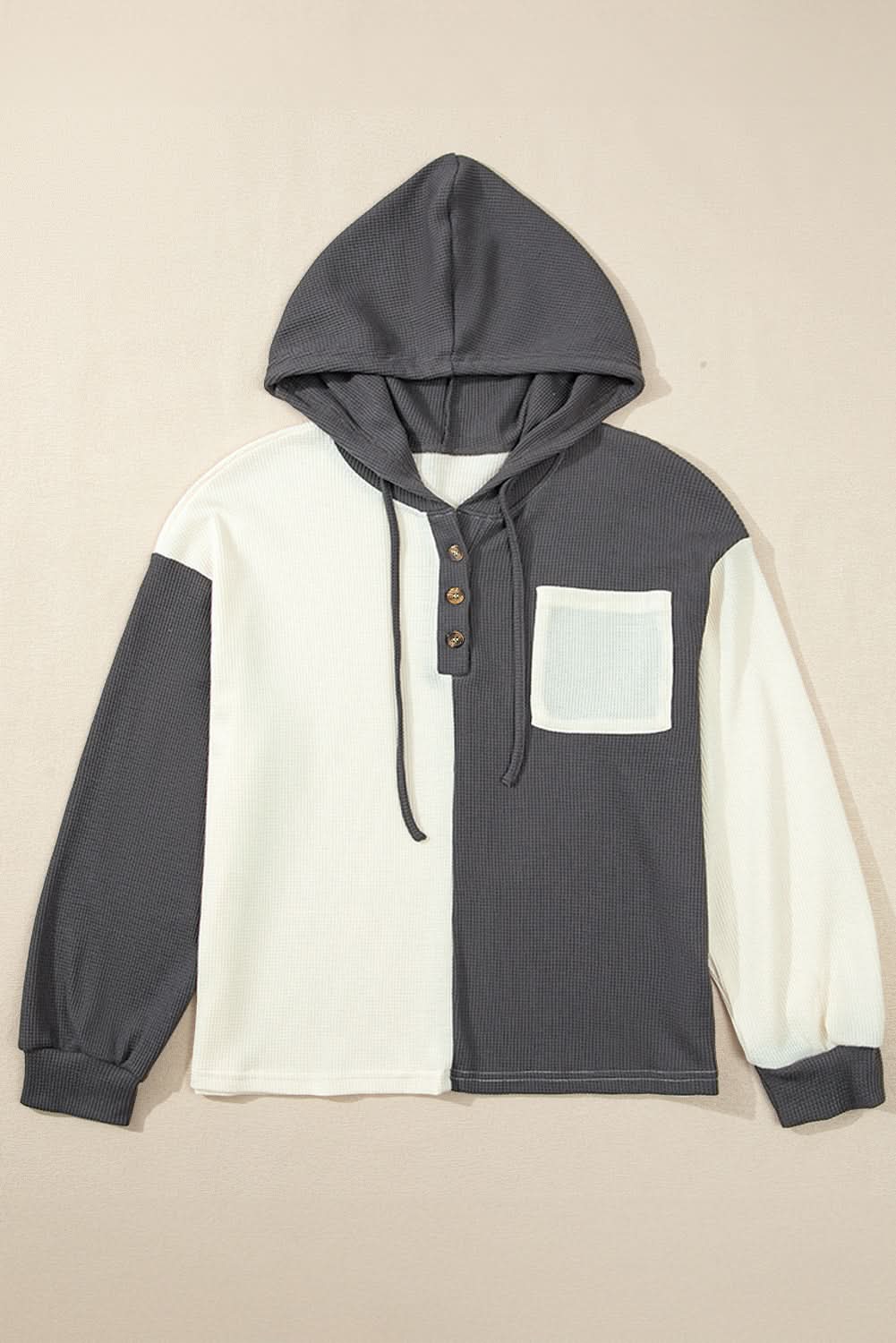 Dark Grey Waffle Colorblock Buttons Placket Drop Shoulder Drawstring Hoodie - Love Salve
